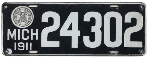 Michigan 1911 Porcelain License Plate 24302 Nice Gloss Antique Man Cave Bar Sign