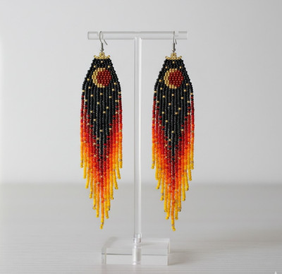 Celestial Sun Moon Beaded Earrings  Long Fringe Earrings | Handmade Boho Jewelry