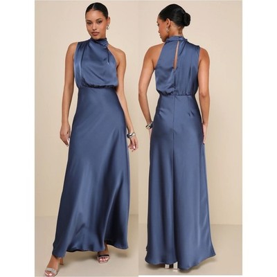 NWT Lulu s Distinctive Charm Slate Blue Satin Asymmetrical Maxi Dress Small Chic