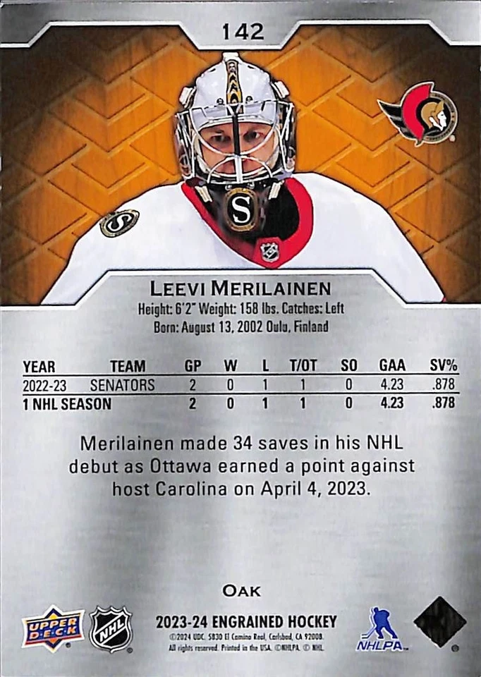 2023-24 Upper Deck Engrained Oak Leevi Merilainen RC 399/399 *Bookend* #142 - Image 4 of 4