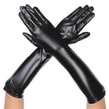 Women's 17" Long Metallic Satin Cosplay Finger Gloves Black