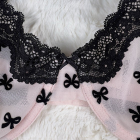 Victoria&rsquo;s Secret Tease Pink Black Bow Lace Balconette Unlined Bra 38D NWT