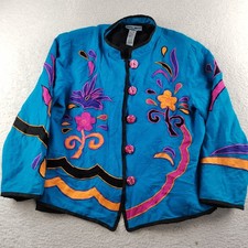 Indigo Moon Jacket Blue Embroider Floral Size Large Artsy Oriental Linen Blend
