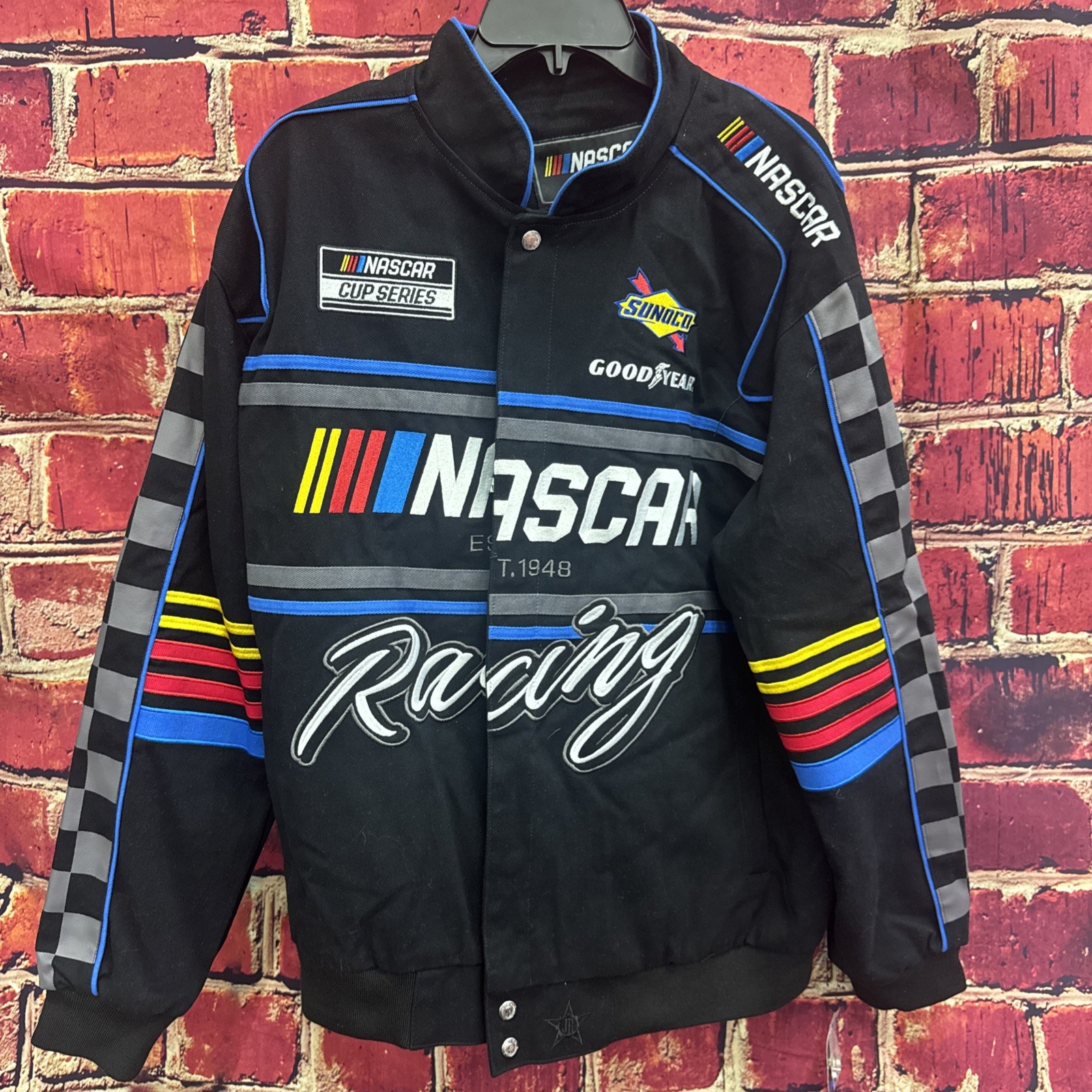 Men's jh design black nascar full-snap twill uniform jacket