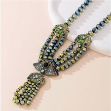 Egyptian Revival Style Blue Green Iridescent Bead & Crystal Necklace