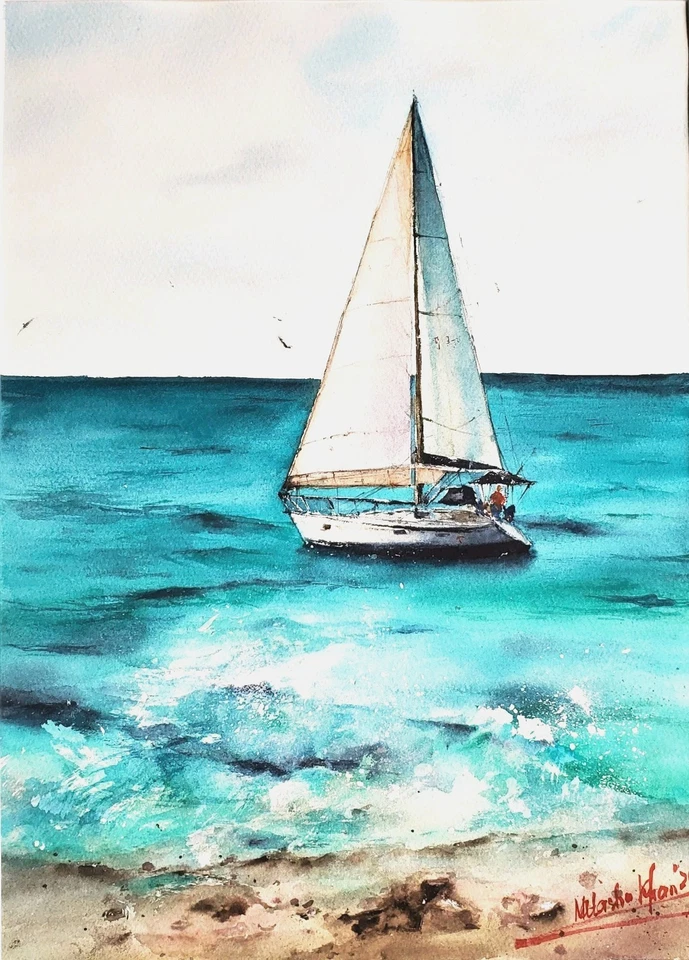 Decoração de parede original aquarela pintada à mão arte paisagem marítima tropical veleiro - Imagem 2 de 4