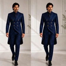 Navy Blue Tailcoat Men's Suits Double Breasted Wedding Groom Morning Suit 3 Pcs