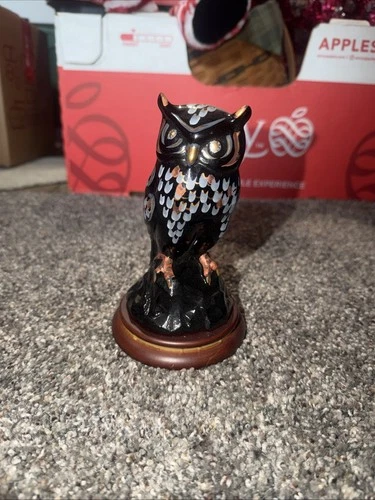 FENTON GLASS Black Hand Painted Owl 22k Gold Medallion Collection #6