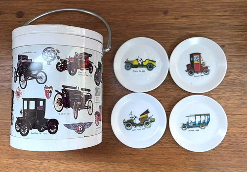 Vintage 60s/70s Metal Ice Bucket+Lid. Plastic Liner. Antique Cars, plus coasters - Picture 2 of 16