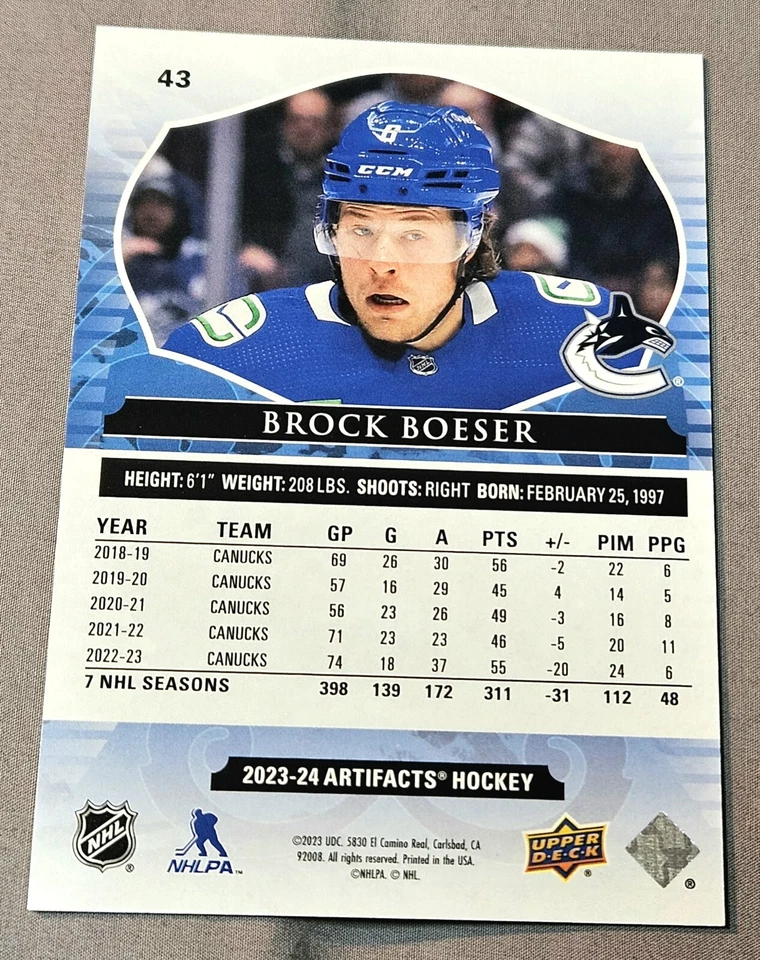 2023-24 Upper Deck Artifacts Bronze /75 Brock Boeser #43 Canucks - Image 2 of 2