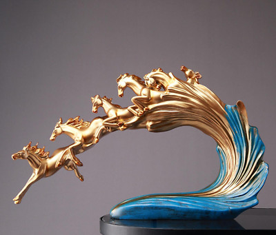 16'' 6-Horse Mega Wave Stampede Gold Blue Grey Resin Figurine Sculpture 10x16