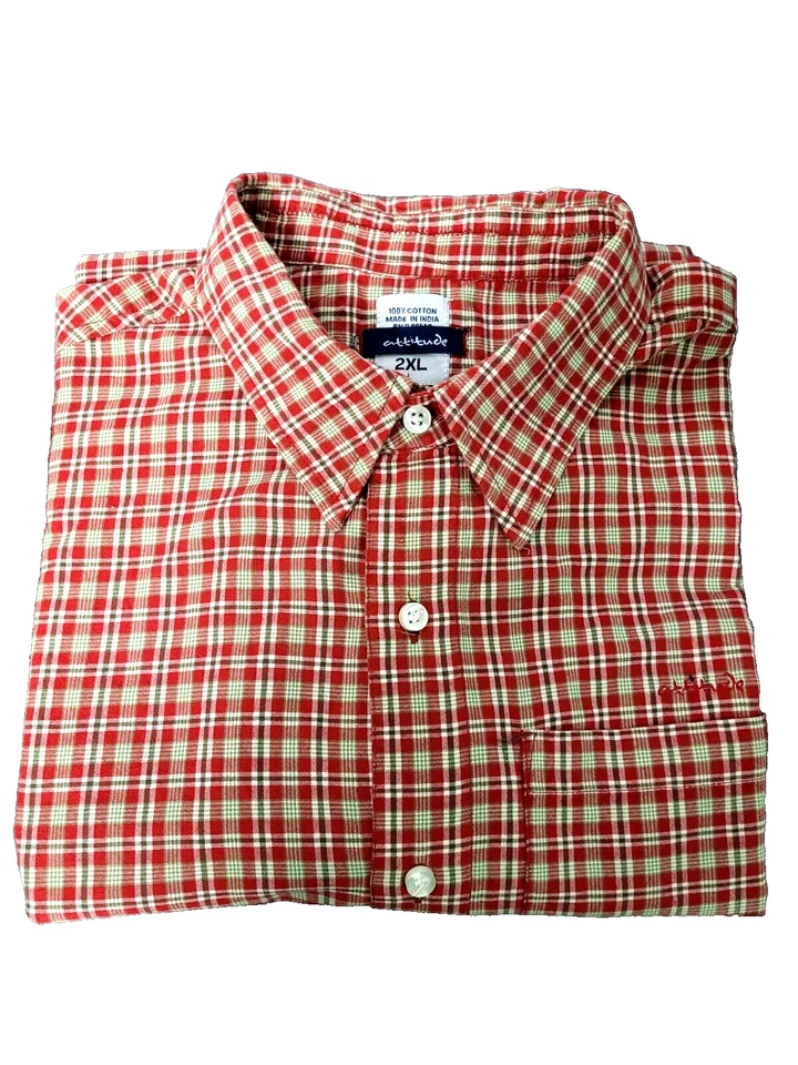 Camisa a cuadros Attitude 2XL de manga corta con botones para hombre, rojo/verde/bronceado Foto 2 de 4