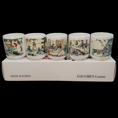 SAE-CHEN Ceramic Korean Sake Winecup Set Folkcraft Set of 5 Cups Original Box