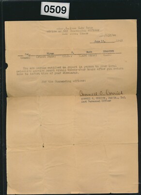 WW11 - HIRAM H. MUCK SELECTIVE SERVICE NOTICE 1943 - #0509
