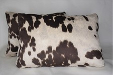TWO rectangle cowhide beige brown black white rectangle lumbar pillows western