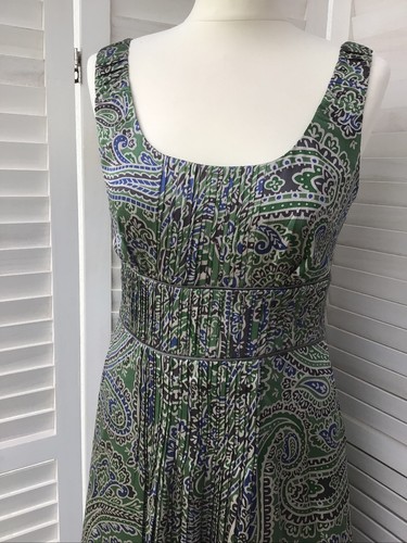 Vestido MONSOON 12 100% seda verde negro azul beige paisley cuello redondo lazo cintura - Imagen 4 de 9