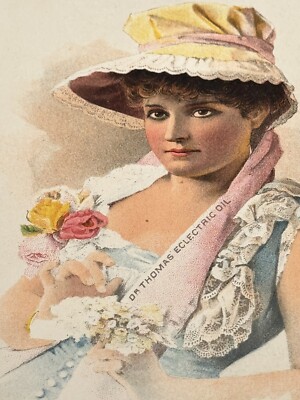 1880s DR Thomas Electric Oil Cure Victorian Trade Card LADY IN HAT