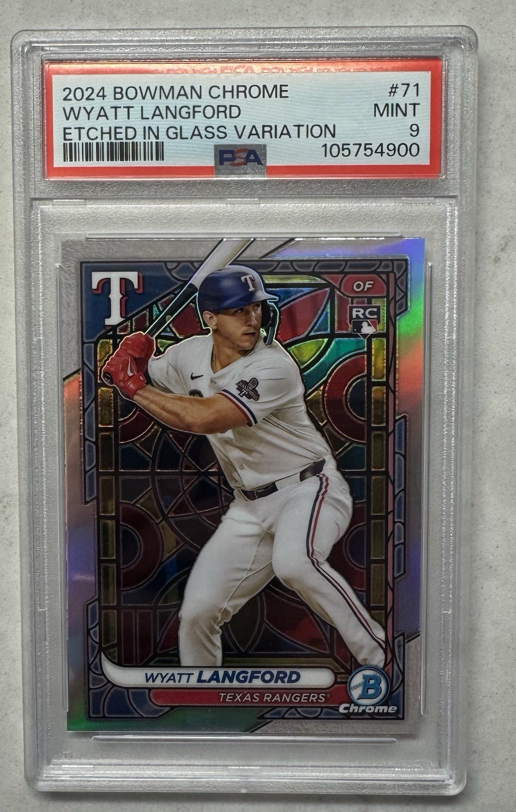 Wyatt Langford 2024 Bowman Chrome RC Etched in Glass SSP #71 Rangers PSA 9 Mint