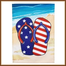 EVERGREEN GARDEN FLAG * PATRIOTIC FLIP FLOP  * BURLAP LINEN - NEW