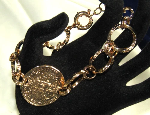 BELLEZZA LIRA COIN BRONZE CHAIN LINK BRACELET WITH FACETED BEAD CHARM 9" image 12
