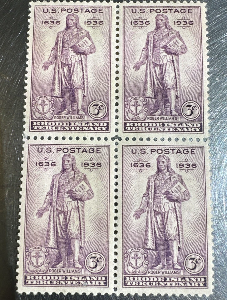 Block of 4 stamps - Scott 777 - 3 cent - Rhode Island Tercentenary - 1936 - MNH - Image 2 of 4