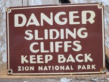 VINTAGE ZION NATIONAL PARK PORCELAIN SIGN RARE OLD FOREST SERVICE DANGER CLIFFS