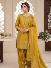 Attractive Look Yellow Chinon Top Bottom With Dupatta For Women Party Wear