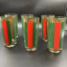 Vintage Georges Briard Set 6 12 oz Green Red Gold Christmas Glasses Great Color