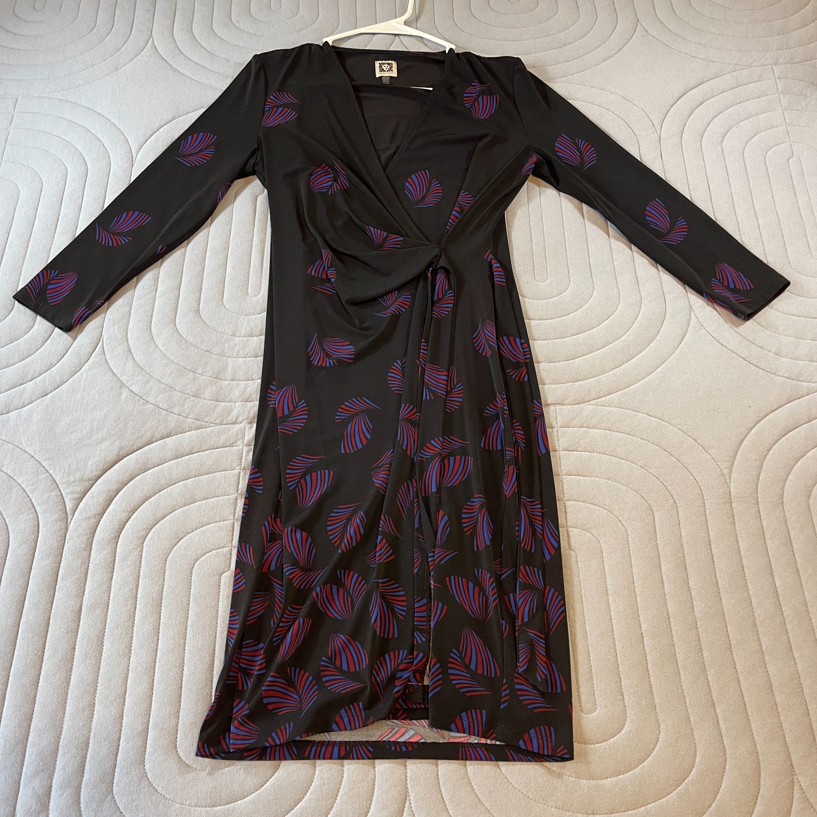 Anne Klein Classic Faux Wrap 3/4 Sleeve Dress Womens Small Black Floral Print
