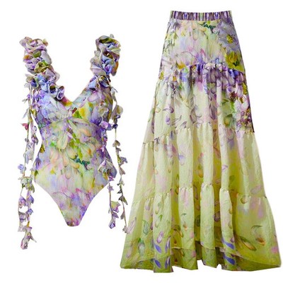 Floral Swimsuit One Piece With Cover Up Beach Swimwear Women Summer Fit