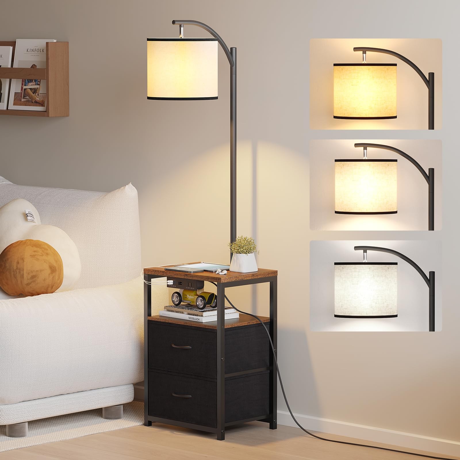 Modern Floor Lamp with Side Table, 2 Drawers, USB & Outlet for Bedroom-image