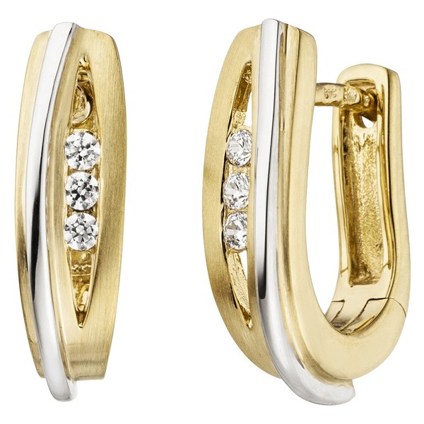"Jobo\"Creolen 375 Gold Gelbgold WeißGold Bicolor Mattiert 6 Zirkonia Ohrringe"-image