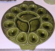 VTG Ceramic USA Deviled Egg Relish Veggie Plate Platter #3737 Green -1970s