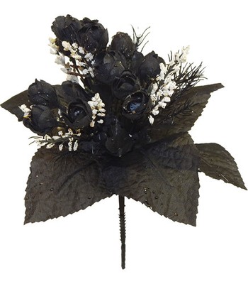 Midnight Black Rose Bud 13in Artificial Polysilk Faux Fake Mini Flower Bush for