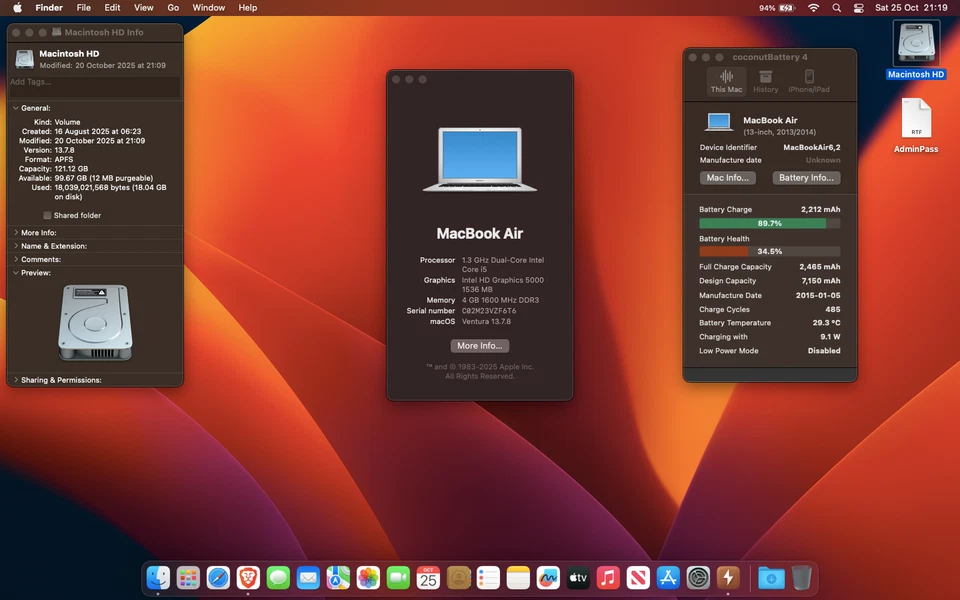 Apple MacBook Air A1466 (13 inch 2013) 4GB RAM, SSD - MacOS Ventura - Image 2 of 4