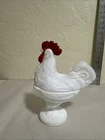 Vintage Standing Rooster Jar 2-Piece Milk Glass Dish 9" Tall