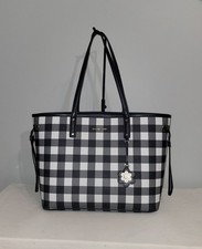 Borsa Michael Kors Gingham tote bag blu navy bianca a quadri rivestita tela fiore ciondolo grande