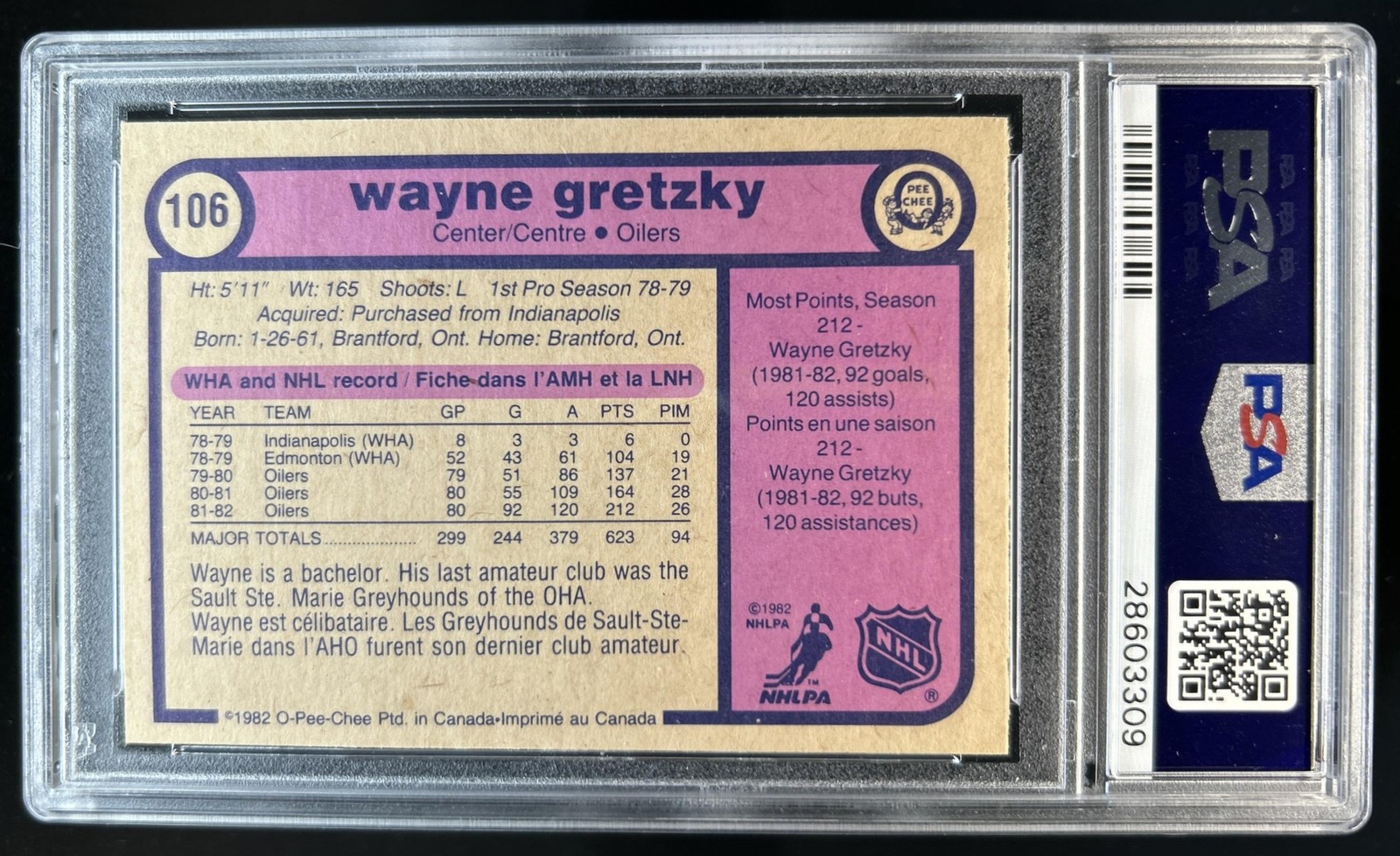 1982-83 O-Pee-Chee Wayne Gretzky UER #106 Oilers PSA 8 view 2