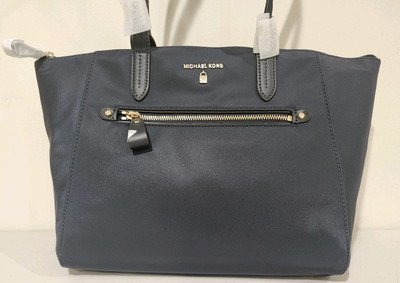 Michael Kors Kelsey Blue Nylon Leather Trim Zipper Closure Satchel Bag NWT