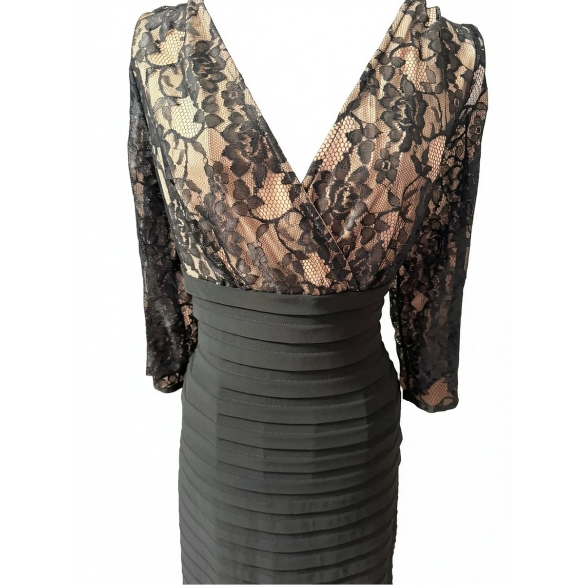 Vestido Adrianna Papell Negro Encaje Obturador Plisado 14 Hoco Nuevo Sin Etiquetas