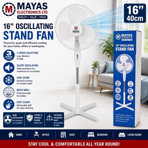16" INCH STAND FAN 3 SPEED SETTINGS OSCILLATING PEDESTAL FREE STANDING  FAN