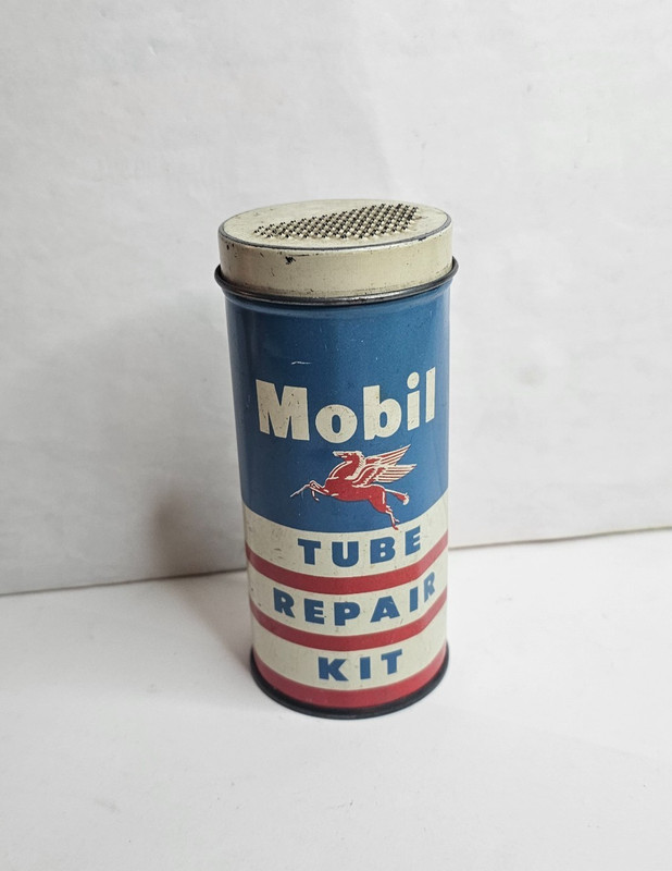 c.1950s MOBIL GAS & OIL TIRE TUBE REPAIR KIT METAL CAN GASOLINE CONTAINER AUTO