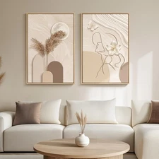 Large Framed Neutral Abstract Wall Art for Living Room, 2 Piece Tan and Cream...