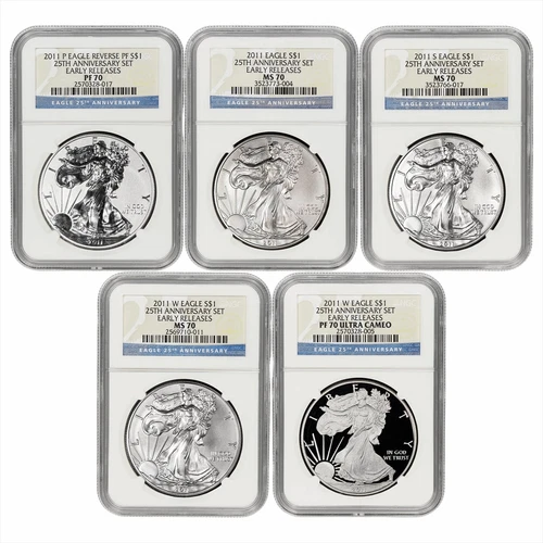 2011 25th Anniversary American Silver Eagle $1 5 Coin Set NGC PF 70, MS 70