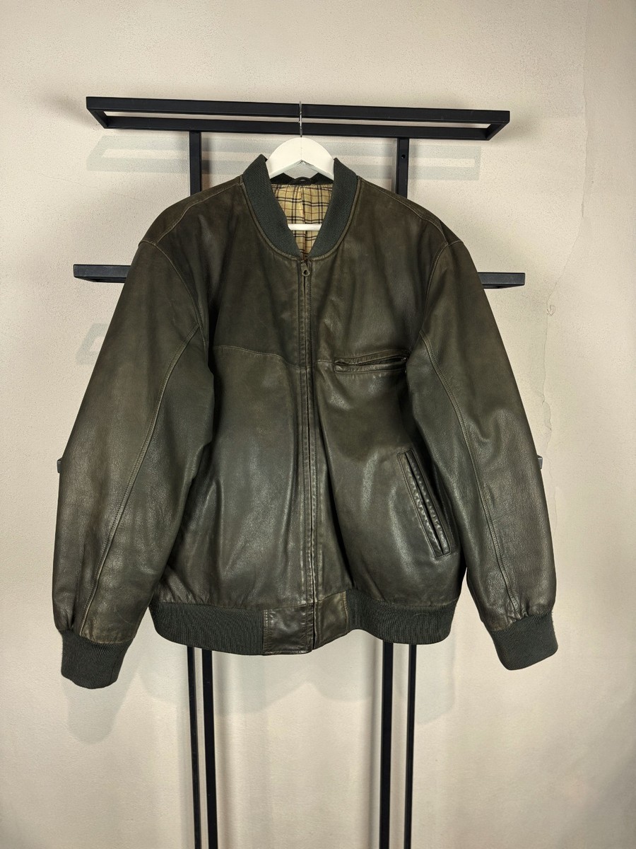 Mens Vintage Genuine Leather Bomber Jacket Brown Minimalist Zip
