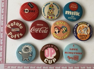 10 Vintage Advertising Pin Badges Lot Food Drink Brands 1960s 1970s Original