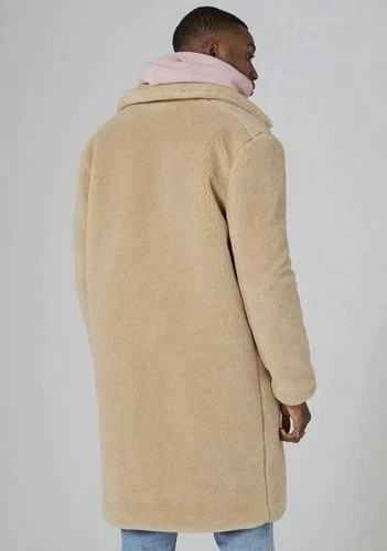 Topman Man’s Beige Borg Fleece Long Overcoat Button Front Pockets L Chest 40-42 image 2
