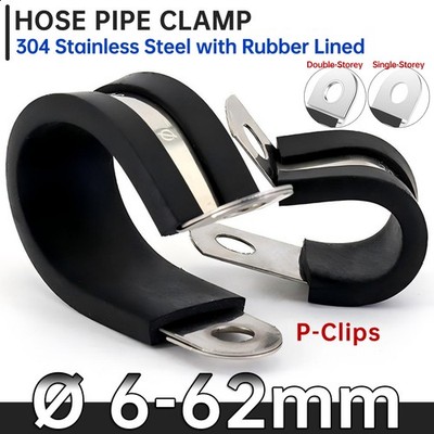 Rubber Lined Stainless Steel W4 Metal Plated P Clip Clamp Hose Cable 6mm - 62mm