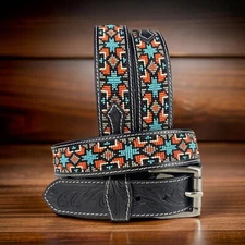 Beaded Western Belt Cowboy Rodeo Full Grain Leather Hand Tooled Removable Buckle