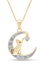 Love Heart Cat Pendant Necklace Simulated Diamond 14K Yellow Gold Plated